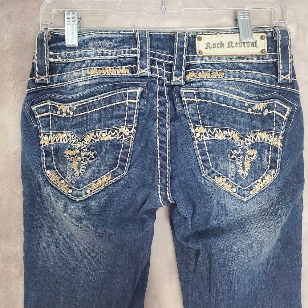 Rock Revival Jeans Women 25 (27x32) Amy Boot Y2K Lowrise Denim Embroidered Bling - Picture 6 of 11
